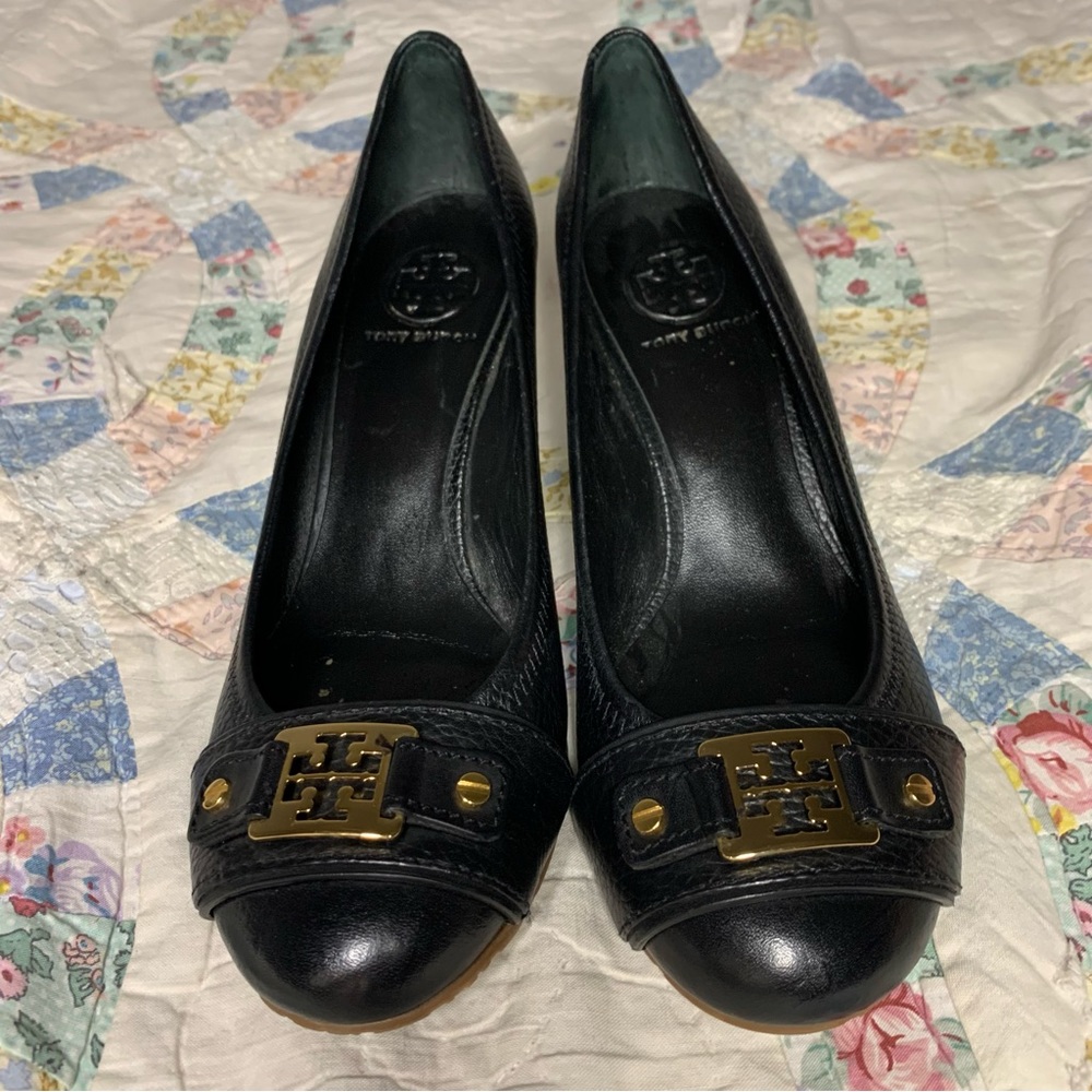 Tory Burch Black Leather Wedge Heels Size 8
